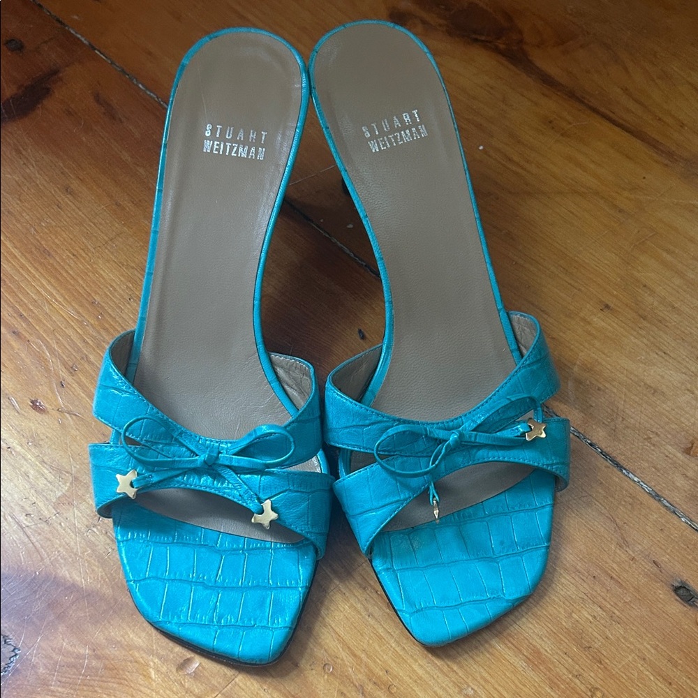 Stuart Weitzman Teal Leather Mules with Star Accents
